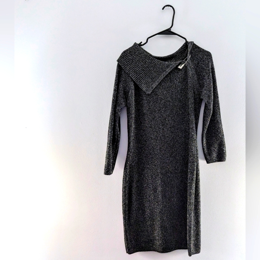 Calvin Klein Metallic Knit Sweater Dress Off Shoulder Formal Christmas Holiday
